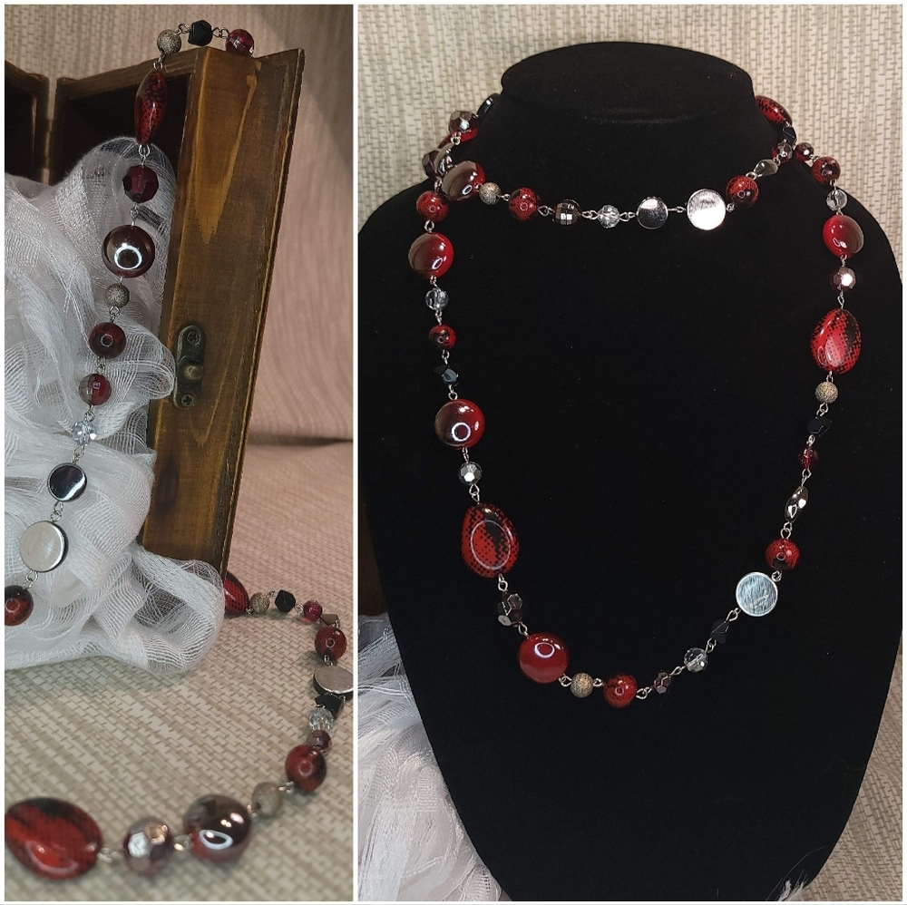 Red glass beaded long necklace with silver metal rings and clasp
